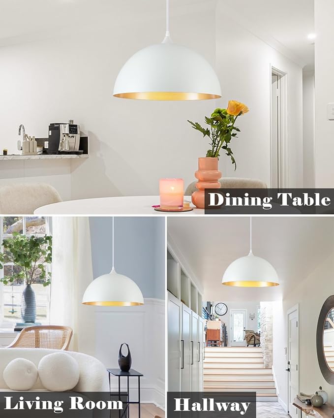 White and Gold Dome Pendant Light, 16 Inch Large Pendant Lights, White Pendant Lights Kitchen Island, Large Industrial Pendant Light for Kitchen Island, Dining Room, Cafe, Bar, 2 Pack