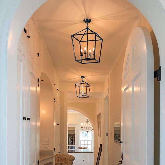 15.75" Black Farmhouse Chandelier for Dining Room, 4-Light Lantern Pendant Light Fixture Industrial Vintage Iron Cage Hanging Light for Entryway Kitchen Island Foyer