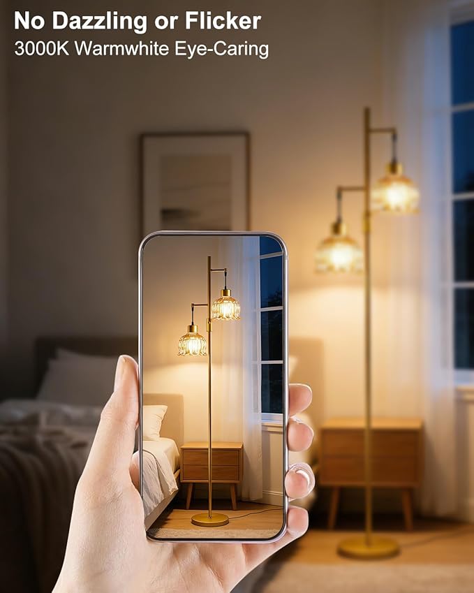 2-Light Gold Floor Lamp for Living Room, 65IN Tall Standing Lamps Dimmable with Brown Glass Lampshade, 3000K Warmwhite Mid Century Modern Floor Lamp for Bedroom/Office/Corner/Sofa Beside