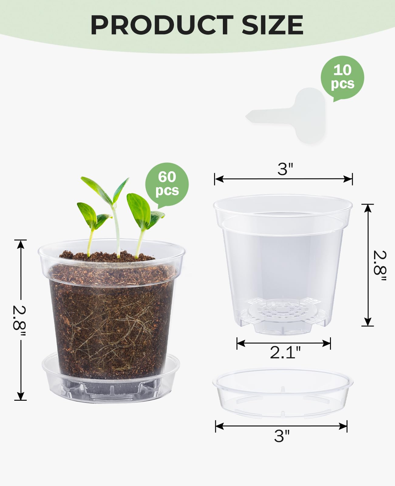 homenote 3 Inch Clear Nursery Pots 60 Pack with Drainage and Plant Saucers, Rigid High Transparency Plastic Nursery Pots for Plants,Thick Walled Planter Nursery Pots with Upgraded Drainage Holes