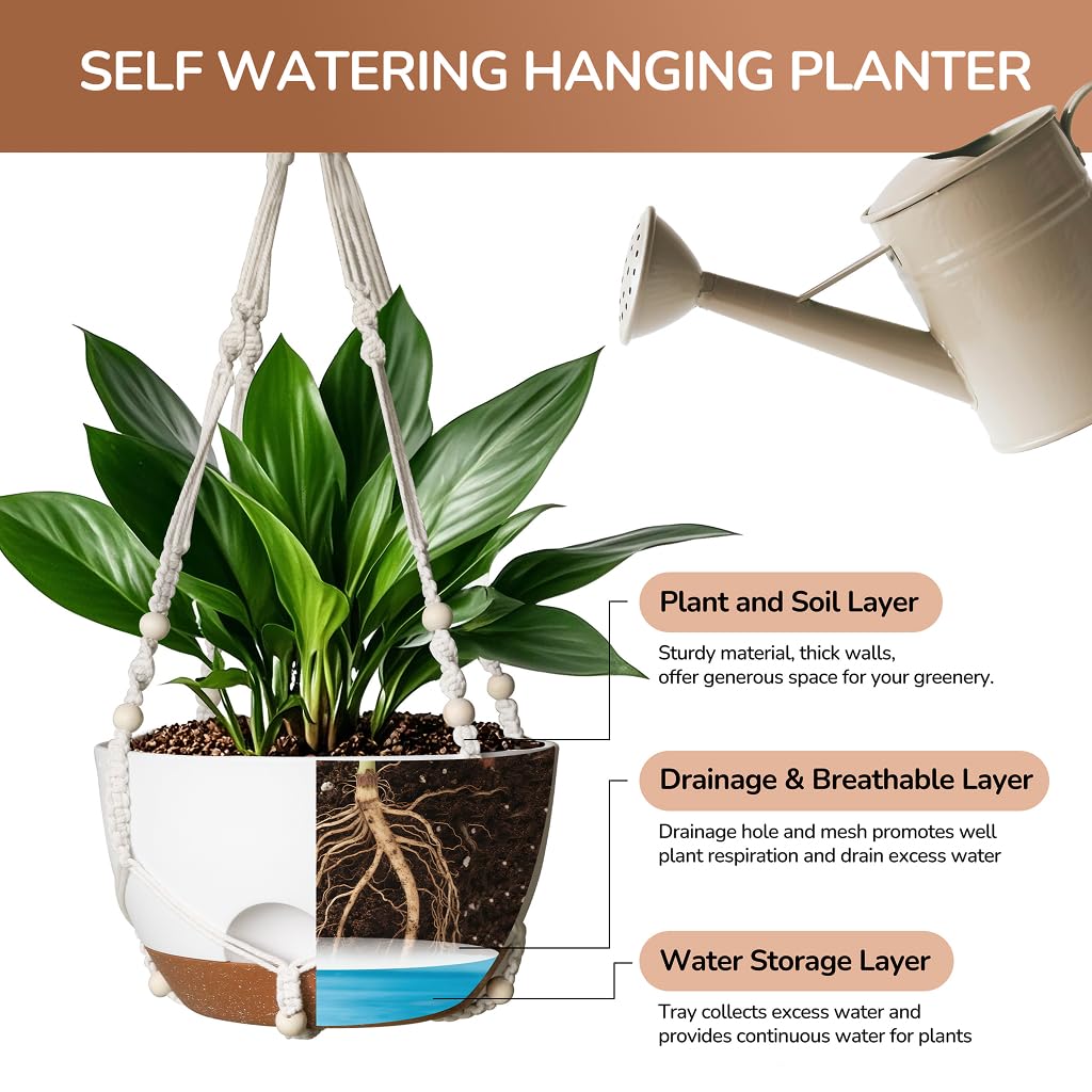LESOASIS 12 Inch Hanging Baskets for Plants Outdoor, Hanging Planters for Indoor Outdoor Plants, Hanging Planter with Self Watering, Hanging Flower Pots (White Planter with Macrame + Iron Hangers)
