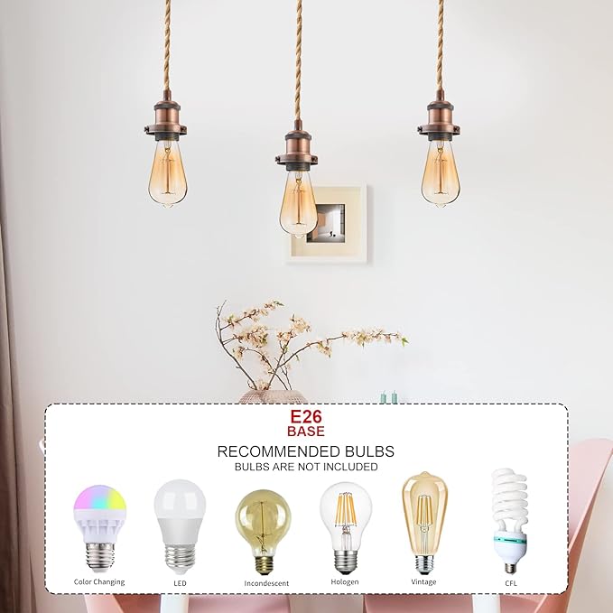 Industrial Mini Pendant Light Kit, E26 Socket Pendant Hanging Light, Hemp Rope Vintage Hanging Pendant Light Cord, Adjustable Pendant Lights Ceiling Mount Kitchen Island Farmhouse