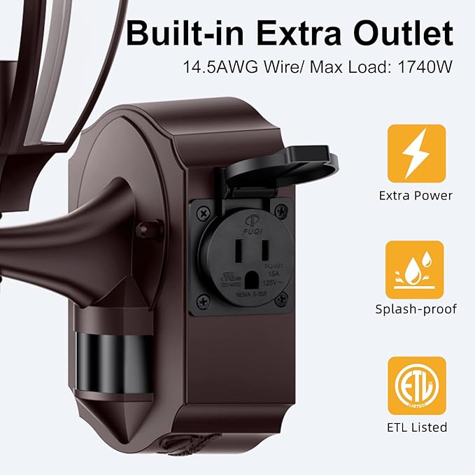 2 Pack Porch Lights with Outlet, Motion Sensor Outdoor Lights, Updated Dusk to Dawn Exterior Lighting Fixtures, Waterproof Anti-Rust Aluminum Outside Light for House Entryway Garage, Brown