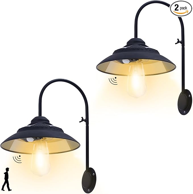 Solar Lights Outdoor Waterproof - with Motion Sensor Solar Barn Lights Outdoor Wireless LED Sconce Light for Patio Yard Garage Chicken Coop & Shed Farmhouse（Black 2P）