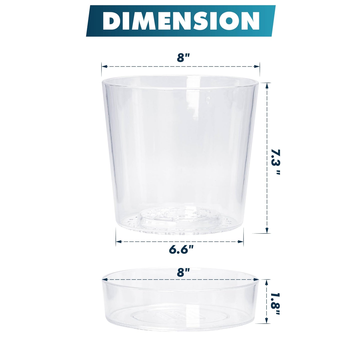 Phoenix Vine 8 Inch Clear Acrylic Planter Pot with Tray, Orchid Pot with Drainage Holes, Deep Saucer for Bottom Watering, Transparent Containers for Indoor Plants, Herbs, Set of 2, 91-A-G-2