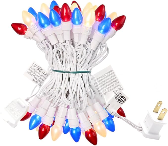 GlowVibe Red White and Blue String Lights, 4th of July, C3 Glass 13.5 ft 50 LED Plug in Lights for Home Patio Garden Yard Memorial Day Independence Day Patriotic Decorations Outdoor, White Wire