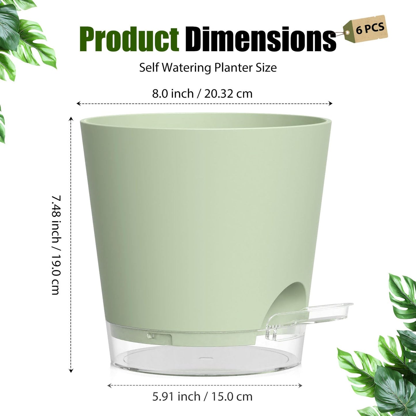 SQKH Plant Pots 8 Inch Self Watering Pots, 2 Pack Plastic Planters with Drainage Holes and Clear Saucers,Plastic Flower Pots for Indoor Out Door Plants (Green)