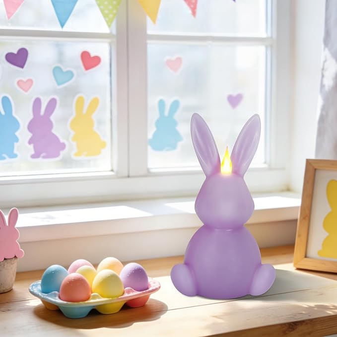 Leorate Purple Easter Bunny Flameless Candle,Real Wax Carved LED Candle,Scented Bunny Shape Flame Candle Set for Home Living Room Bedroom Party Decoration Centerpiece Table Home Decor