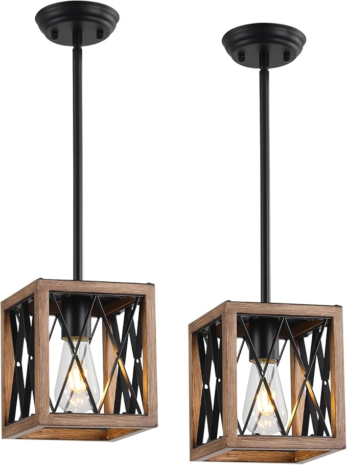 KEESFU Farmhouse Pendant Light, 1 Light Metal Cage Hanging Light with Wooden Grain Finish,Height Adjustable Kitchen Island Lighting,Pendant Lighting for Kitchen Island Hallway Foyer.2 Pack.