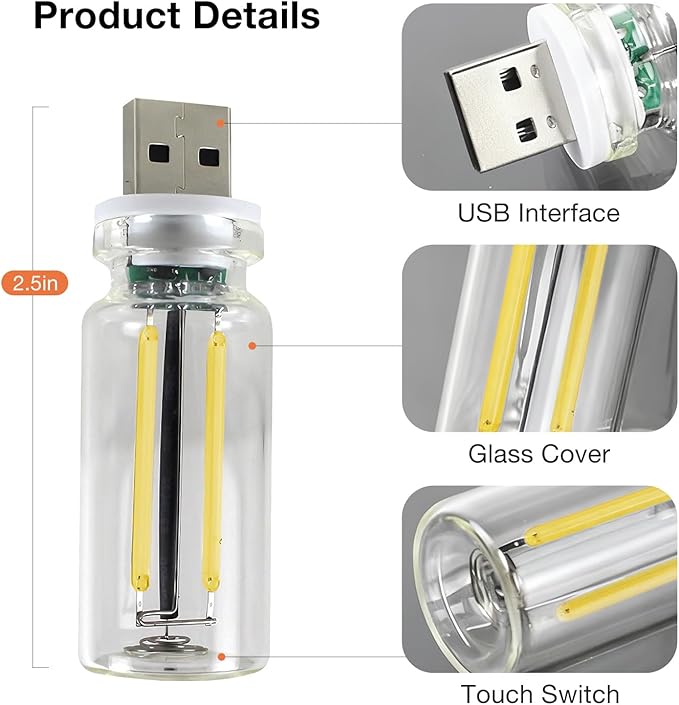 2 PCS USB Car Lights, Touch Dimmable Retro Mini Glass Bottle LED Ambient Night Light for Vehicle Interior, Bedroom, Hallway, Camping, Holiday and Party Decoration (Yellow)