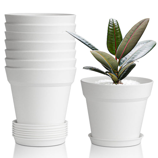 T4U 4 Inch Plant Pots 8-Pack, Small Flower Pots with Drainage Hole and Saucer, Decorative Nursery Pot Bulk for African Violet, Snake Plant, Succulent, Herb and Plants Indoor (8 Pcs 4" Pots, White)