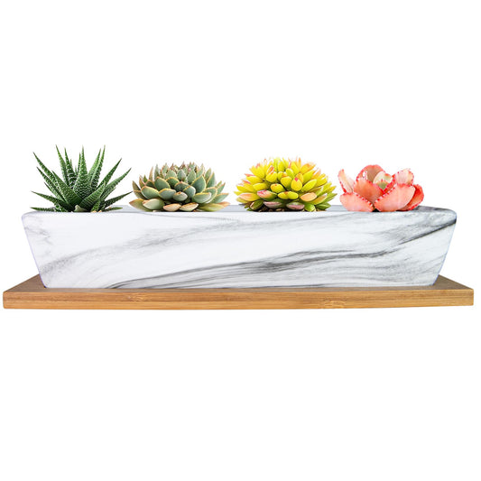 ARTKETTY Succulent Pots, 9.8 Inch Ceramic Succulent Planters with Drainage Small Bonsai Pot with Bamboo Tray, Mini Cactus Flower Planter Pot Shallow Rectangular Window Planters for Indoor Plants