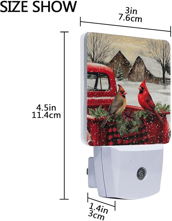 Christmas Red Truck Cardinal Night Light 2 Pack Dusk to Dawn Sensor Led Lamp for Women Men Night Lights Plug into Wall Decor for Bedroom Kitchen Bathroom Corridor, 0.5W