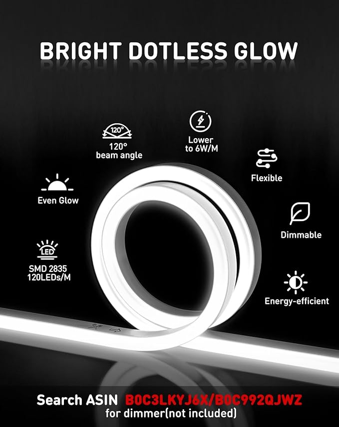 Shine Decor LED Rope Lights AC 120V, Connectable & Cuttable Dotless 120LEDs/M Eco Neon Strip Lighting, ETL IP65 Waterproof & Weather-Resistant for Home Commercial, 8x16mm, 6000K Cool White, 32.8FT