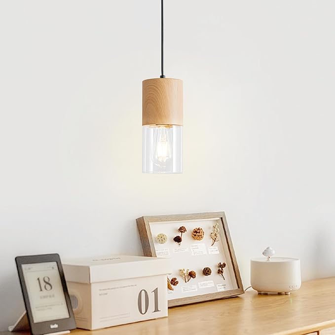 Modern Pendant Lights for Kitchen Island, Adjustable Pendant Light Fixtures with Raw Wood Grain, Industrial Clear Glass Pendant Lights for Dining Table Hallway Bedroom Living Room,1 Pack