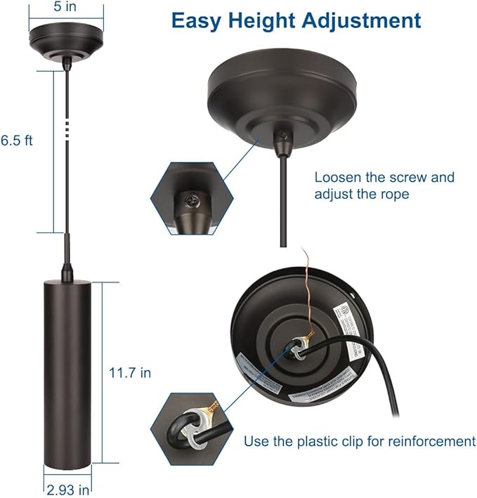 DAKASON Black Pendant Light, LED Modern Pendant Light Fixture for Kitchen Island, Adjustable Rope Hanging Ceiling Lamp for Dining Room, Bar Restaurant, Living Room, Hallway (3Pack)