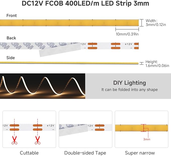 BTF-LIGHTING FCOB COB 3mm Width UL Listed Super Narrow Flexible Uniform LED Strip Light 16.4FT DC12V 6000K CRI 90+ Dimmable LED Ribbon for Kitchen Home Indoor Decoration(No Adapter or Controller)