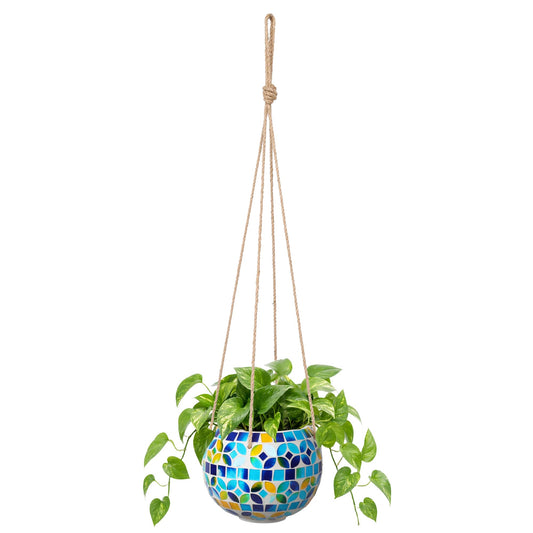 Chonsun Ceramic Hanging Planter Mosaic Hanging Flower Pot Small Plant Pot for Indoor Plant Garden Decor Disco Ball Planter with Drainage Square Blue