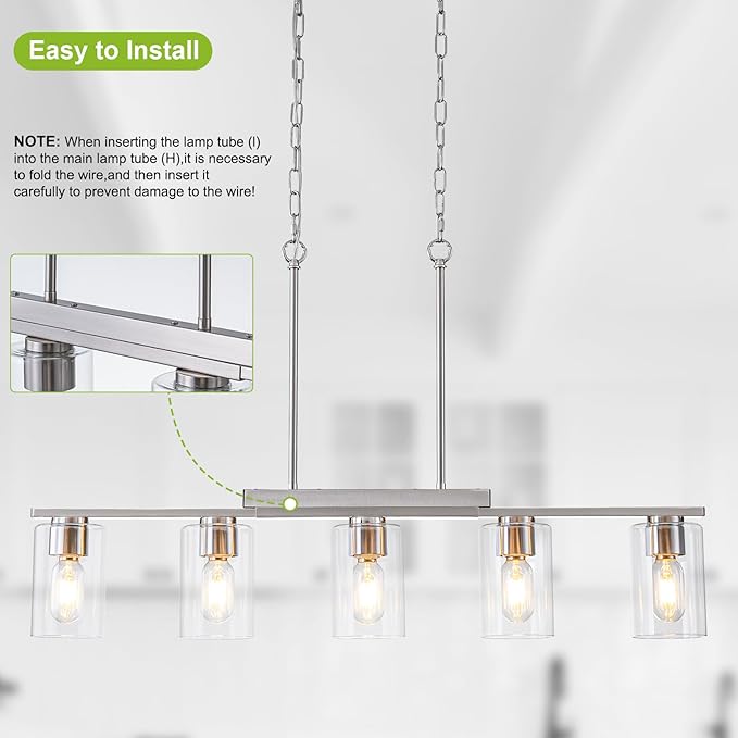 WILON Kitchen Island Lighting, 5 Lights Nickel Sand Linear Chandeliers Modern Farmhouse Chandelier with Glass Shades for Kitchen Island Living Dining Room Foyer Bedroom(Brushed Nickel,5 Lights)