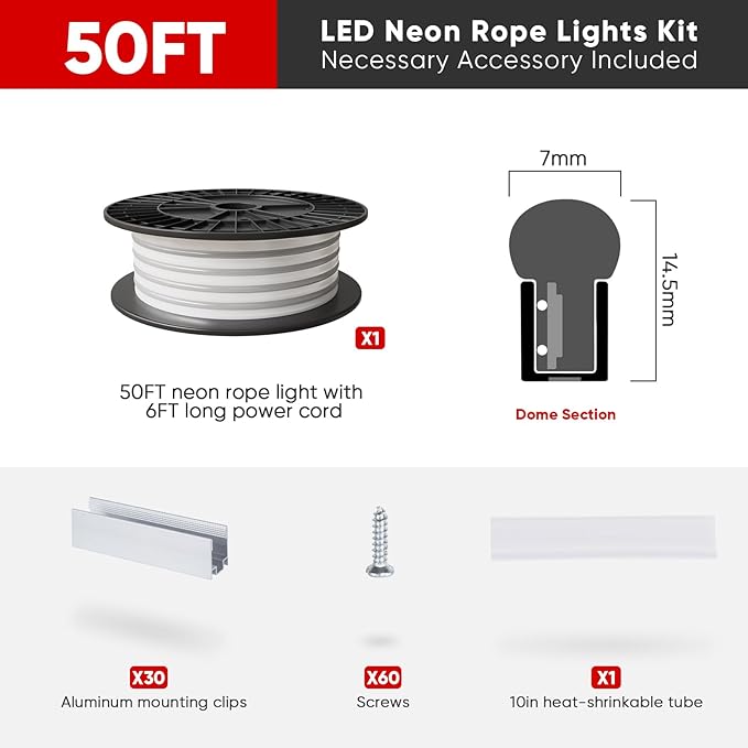 Shine Decor LED Neon Rope Lights AC 120V, ETL-Listed Flexible 120LEDs/M Dotless Strip Lighting, Custom Cuttable & IP65 Waterproof for Indoor Outdoor, 7x14.5mm, 3000K Warm White, 50FT