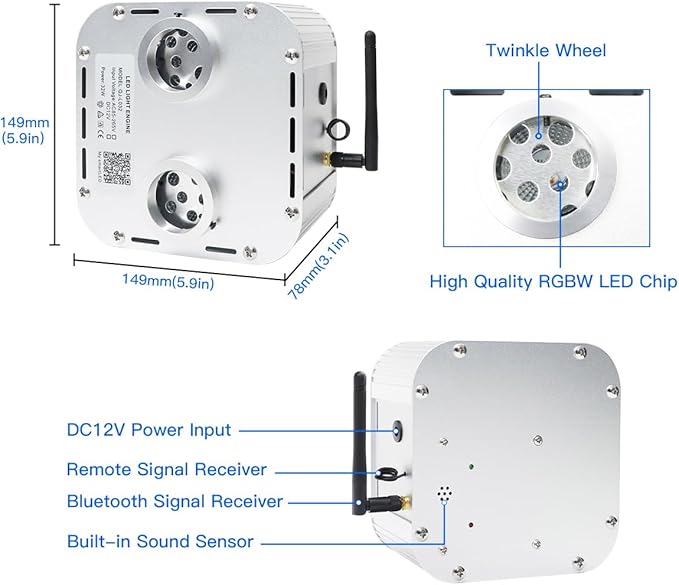 AMKI High Brightness Dual Color 32W Twinkle Sound Mode RGBW Light Source Engine Driver Remote/APP Control Dual Port Starlight Box Motor for Fiber Optic Star Ceiling Light Kit
