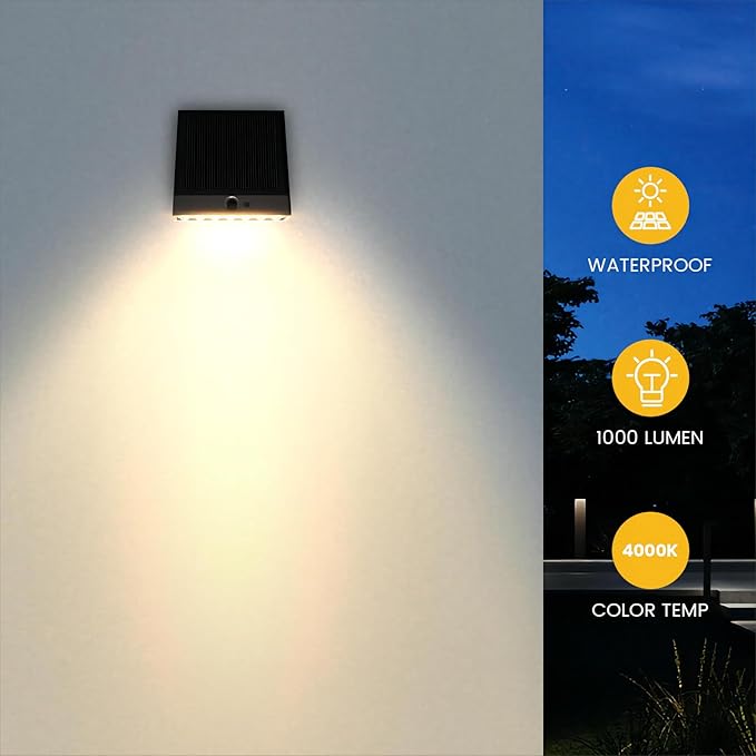 Solar Outdoor Lights, 1000LM IP65 Waterproof Solar Flood Lights with 4 Modes, 4000K Motion Sensor Solars Wall Light for House Number, Porch, Frontdoor, Backyard