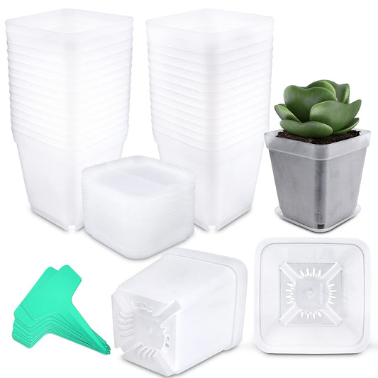 Business King Square Nursery Pots Plastic 28 pcs 3 inches with Saucers and Plant Labels Reusable Seedling Pots Frosted Starter Plant Pots Mini Planter for Indoor/Outdoor