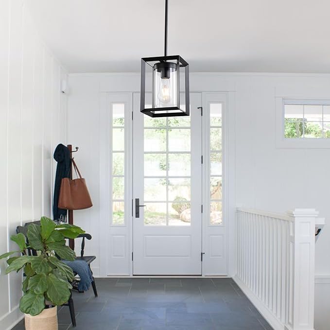 1 Pack Farmhouse Black Kitchen Island Pendant Light Fixture,Height Adjustable Metal Rod Hanging Modern Pendant Lighting with Metal Cage Clear Glass Shade for Entryway Bedroom