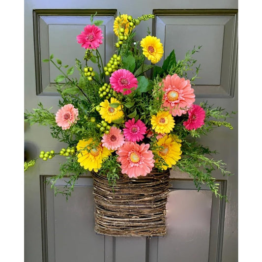 Colorful Flowers Green Leaves Door Basket, Wall Hanging Floral Wreath, Decorative Door Flower Wreath, 21 "W x 26 "H x 7 "D, Hanging Decorations for Livingroom Bedroom