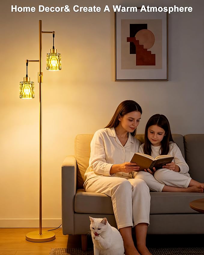 65IN Glass Floor Lamp, 2-Light Gold Tall Standing Lamps Dimmable with Green Glass Lampshade, 3000K Warmwhite Mid Century Modern Floor Lamp for Living Room/Bedroom/Corner
