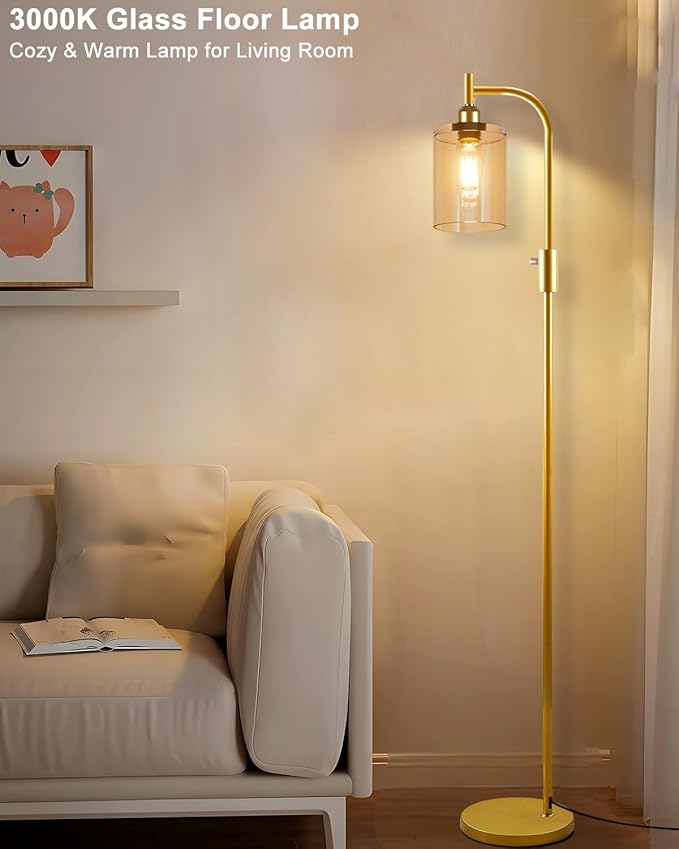 Lightdot 63IN Glass Floor Lamp for Living Room, Dimmable Gold Floor Lamps with Clear Glass Shade, Mid Century Modern Standing Lamps with Bulb Included for Bedroom/Sofa Beside/Corner Decor-Gold