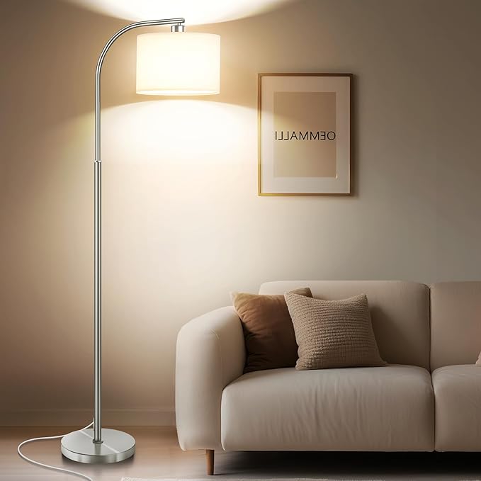 Floor Lamp for Living Room,65'' Modern Standing Lamps with 9W LED Bulb,Silver Tall Floor Light with Fabric Shade,3 Color Temperatures Tall Lamp for Bedroom Office Study Room Corner Dining Room