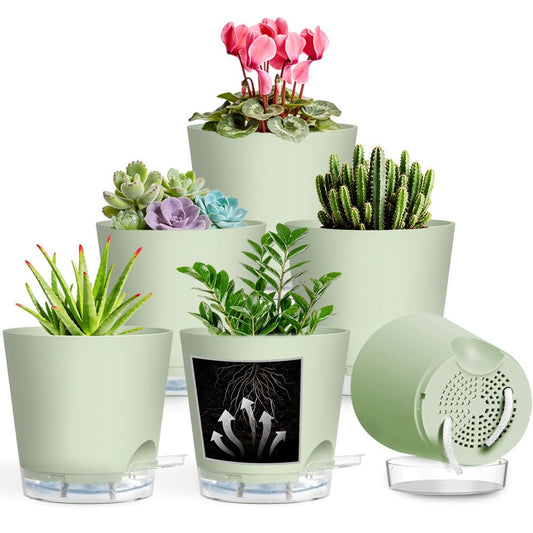 KEETUMOOD Self Watering Pots for Plants, 2026 New Flower Plant Pots with Drainage Holes, Wicking and Clear Reservoirs for Succulent, Aloe, Cacti and Others - 6 Pack (Green, 6")