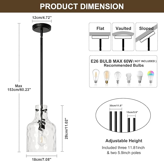 WILON Industrial Glass Pendant Lights for Kitchen Island, Modern Black Pandent Light Fixture 7" Hammered Glass Shade Farmhouse Pendant Lights Adjustable Rod Hanging Light for Kitchen Sink Dining Room