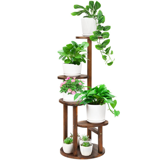 Jotboom 4 Tier Tall Plant Stand Indoor, Wood Corner Plant Shelf for Multiple Plants, Sturdy Oval Tiered Flower Pot Holder Display Rack for Living Room Balcony Patio, Carbonized Pine Wood