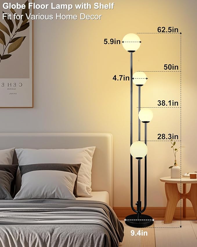 Lightdot Black Globe Floor Lamp 4-Lights Dimmable Floor Lamps with Tray 3000K Bulbs Included Unique Candle Mid Century Tall Standing Lamp for Living Room/Bedroom/Sofa Beside/Corner Decor