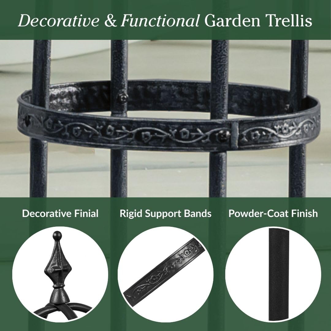 Evergren Garden Metal Obelisk Trellis for Climbing Plants | Indoor/Outdoor Floral Pattern Arch Trellis for Potted Plants (5 ft Black)