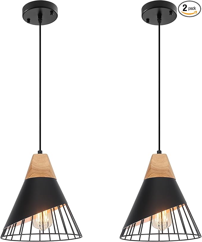 Black Pendant Light, 2 Packs 9.4inch Modern Pendant Lights, Farmhouse Pendant Light, Kitchen Pendant Lighting, Black Pendant Lights Kitchen Island for Living Room, Bar, Bedroom, Office