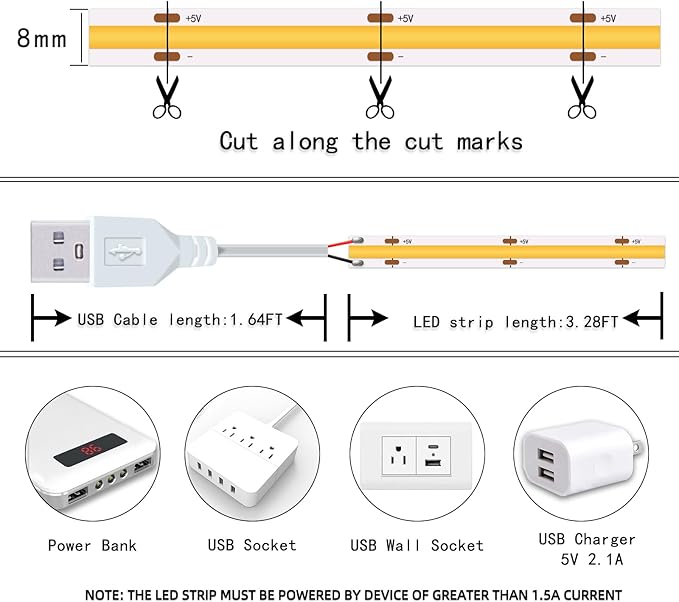 LED Strip Lights Set of 2 Pack 3.28FT COB Light Strips USB 5V 6500K Bright White High Density Not Dimmable Short LED Strip for Bedroom Indoor Home Decor Flexible Display Cabinet TV Lighting