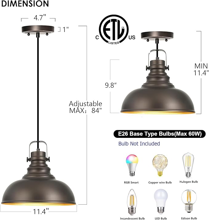 Industrial Pendant Light Fixture, Farmhouse Decor Adjustable Metal Hanging Lamp, Vintage Pendant Lighting for Kitchen Restaurant Dining Room Cafe, E26 Base Black 1 Pack