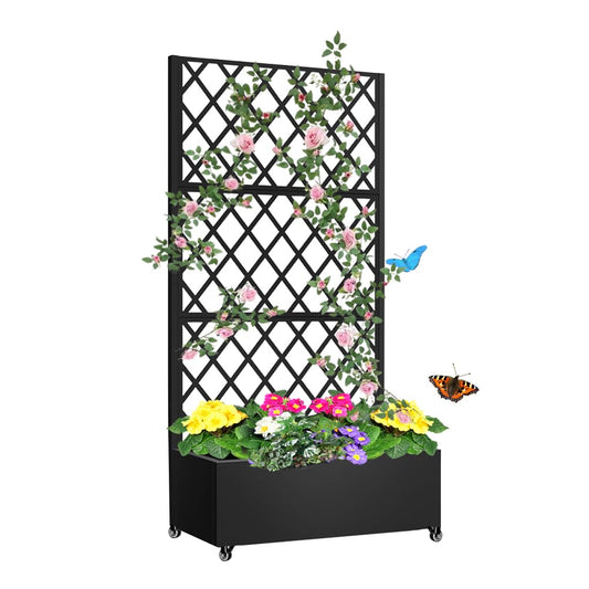 Metal Planter Box with Privacy Screen Trellis,Galvanized Raised Garden Bed On Wheels for Climbing Plants Vines, Standing Garden Flower Bed with Drainage Holes (Black, 35" L x16 W x 73" H)