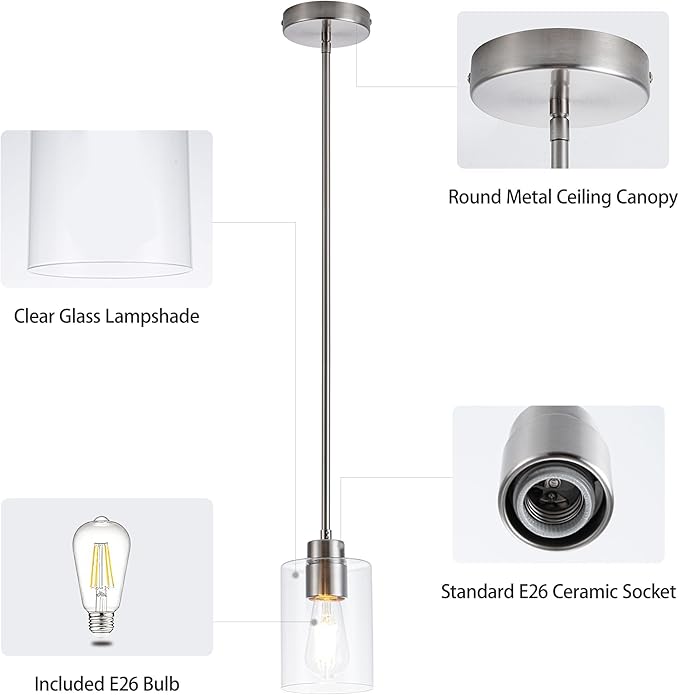 MAYNA 2-Pack Brushed Nickel Hanging Lamps, Contemporary Kitchen Island Pendants with Bulbs, Adjustable Rods Clear Glass Cylinder Lighting for Dining Area