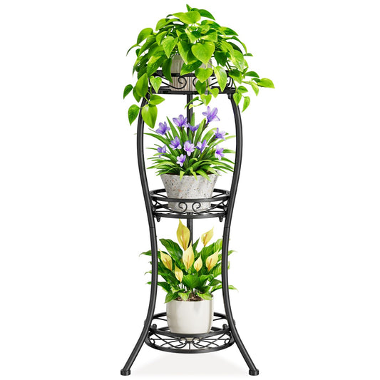 iDavosic.ly 3 Tier Tall Metal Plant Stand Indoor Outdoor, Wrought Iron Corner Flower Pot Holder Shelf, 34 Inch Vertical Display Rack for Patio Porch Living Room Garden, Black