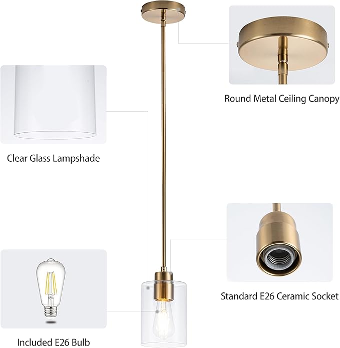 MAYNA 2-Pack Brushed Brass Pendant Lights, Elegant Glass Hanging Lighting with Bulbs, Adjustable Rods Modern Fixtures for Kitchen Island, Breakfast Bar