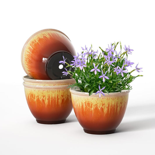 LESOASIS 4 Pack Plastic Plant Pots Indoor with Drainage Hole, 8 Inch Glazed Planters for Indoor Outdoor Plants, Garden Flower Pots for Office Home Decor(Orange Glaze)