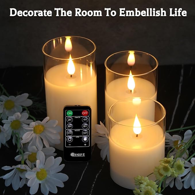 Rechargeable Flameless Glass Pillar Candles–Easter Flameless Candles Decorations,–Set of 3, Realistic Flickering LED Light,Remote & Timer, Ideal for Living Room, Bedroom & Easter Décor