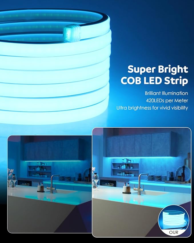 Aclorol COB LED Strip Light 10FT RGB LED Strip Ligths Outdoor Waterproof IP67 AC 110V-130V Dimmable Rope Light with App Control Music Sync for Cabinets Shelf Garden Shed Lighting Project 420LEDs/M