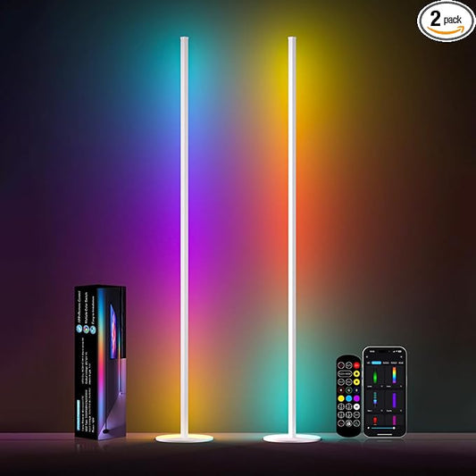 White Corner Floor Lamp Pair, RGB IC Corner Lamps with APP & Remote Control, 16 Million Colors, Timing, Color Changing Ambient Lighting for Living Room Bedroom Gaming (Share One Adapter)