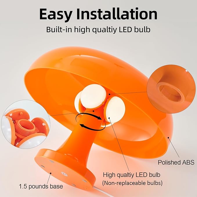 Cordless Mushroom Table Lamp, Rechargeable Orange Bedside Lamp with Touch Control and 3 Color Stepless Dimming, Portable Desk Lamp for Dinner/Restaurant/Bedroom (W11'' x H7.67'')