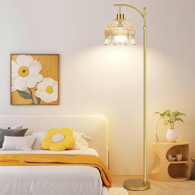 Flower Floor Lamp for Living Room,Bedroom,Gold Dimmable Standing Lamp with Remote,Glass Mid Century Modern Brass Tall Lamp Boho Floor Lamps Arc Stained Floor Light Lamp Bohemian